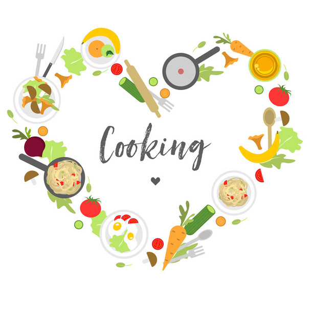 Een ronde collage in de vorm van een hart met fruit, groenten en andere producten en toestellen voor het koken - Vector, afbeelding