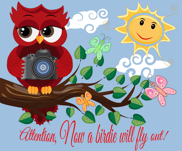 Rode Owl-fotograaf in bril zit op een boomtak op een heldere zonnige dag en maakt een verslag, foto's. Inscriptie aandacht, het vogeltje zal vliegen uit nu - Vector, afbeelding