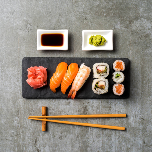 Overhead shot of Japanese sushi - Фото, изображение
