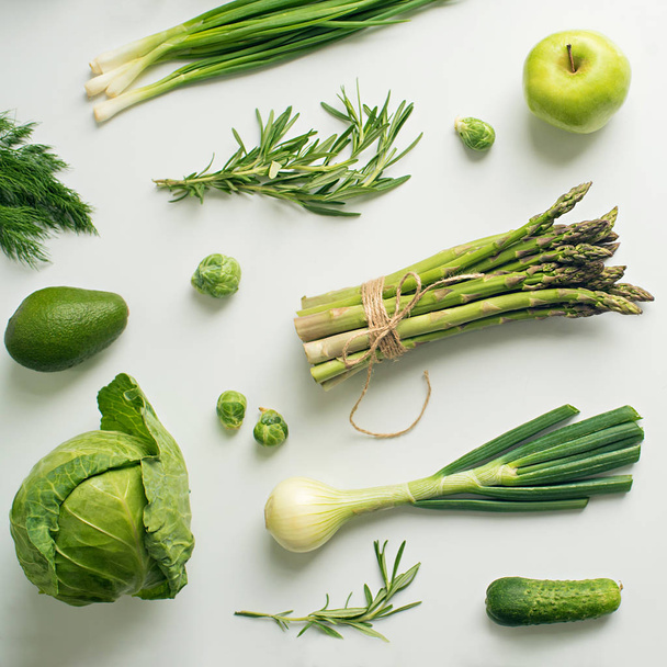 wide green vegetables flat lay concept. - Фото, изображение