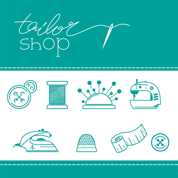 Tailor logo template. One line lettering illustration with collection sewing icons - Vector, Image