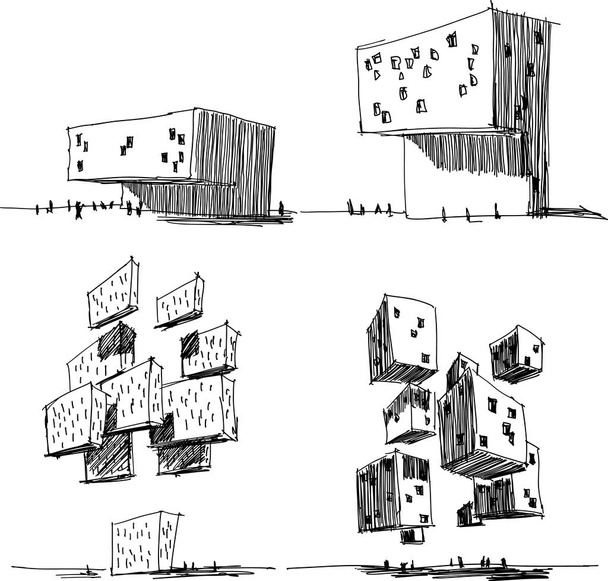 четыре рукописных архитектурных эскиза современной абстрактной архитектуры и футуристического летающего и левитационного здания
 - Вектор,изображение