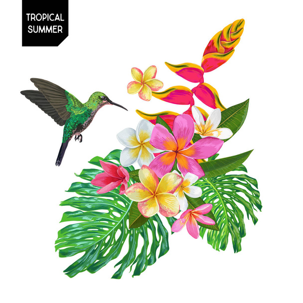 ハチドリとエキゾチックな花夏の熱帯デザイン。熱帯の鳥、プルメリア、モンステラ ヤシの花の背景の葉します。ベクトル図 - ベクター画像