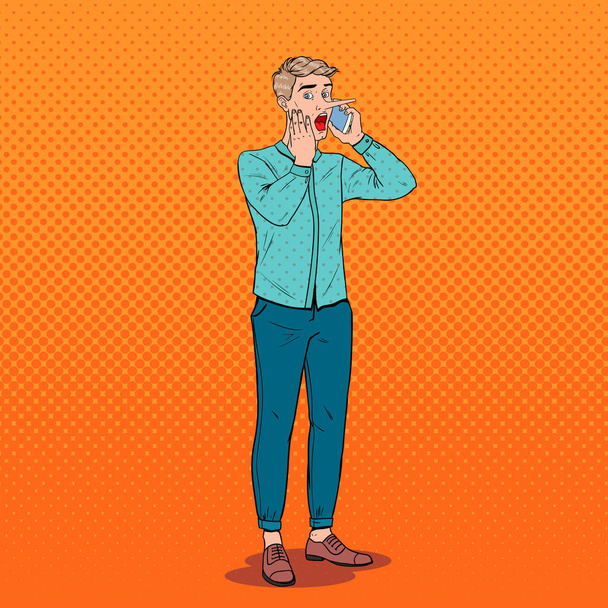 Pop Art Shocked Man with Long Nose Talking on Smartphone. Fake News Concept. Vector illustration - Vector, Image