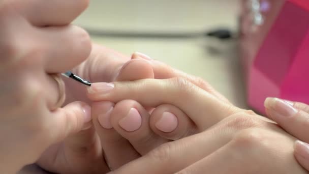 Cerrar el proceso de aplicación de barniz. Mujer en salón recibiendo manicura por uña esteticista. Tratamiento de piel y uñas
. - Imágenes, Vídeo