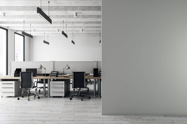Contemporary coworking office interior with equipment, furniture, daylight and copy space on concrete wall. Mock up, 3D Rendering  - Φωτογραφία, εικόνα