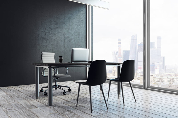 Side view of contemporary office interior with workplace, copy space on wall and panoramic city view. 3D Rendering  - Foto, Bild