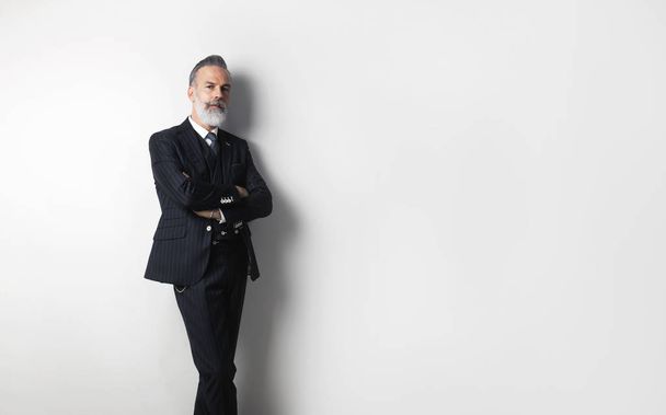 Portrait of bearded confident gentleman wearing trendy suit standing over empty white background. Copy Paste text space. - Fotografie, Obrázek