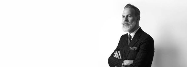Portrait of bearded confident businessman wearing trendy suit over empty white background. Copy Paste text space. Wide. Black and White - Фото, изображение