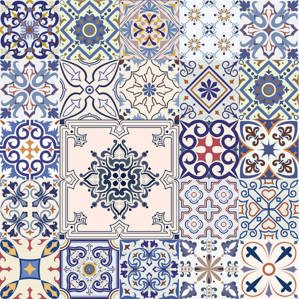 Big vector set of blue and white tiles in portuguese style. - Vector, Image