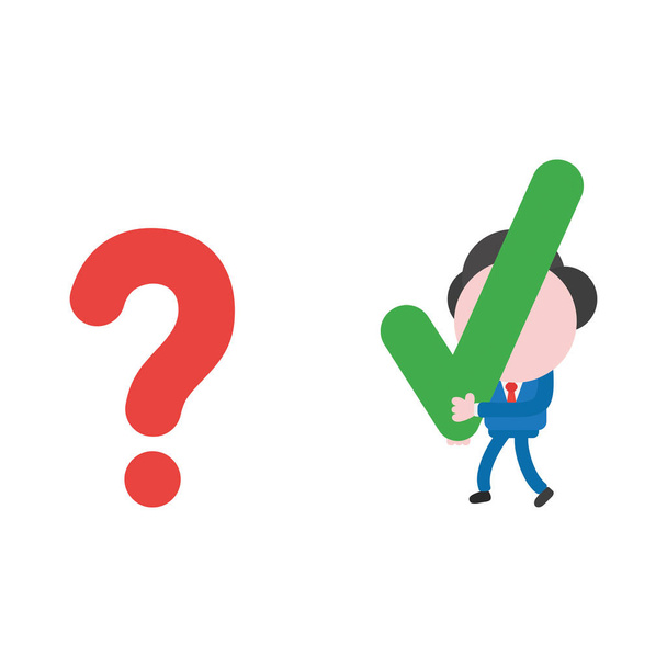 Vector ilustração empresário mascote personagem andando e carregando solução de marca de verificação para questionar o problema de ponto
. - Vetor, Imagem