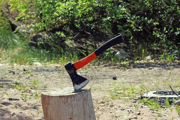 Axt mit orangefarbenem Griff in einem Baumstamm - Foto, Bild