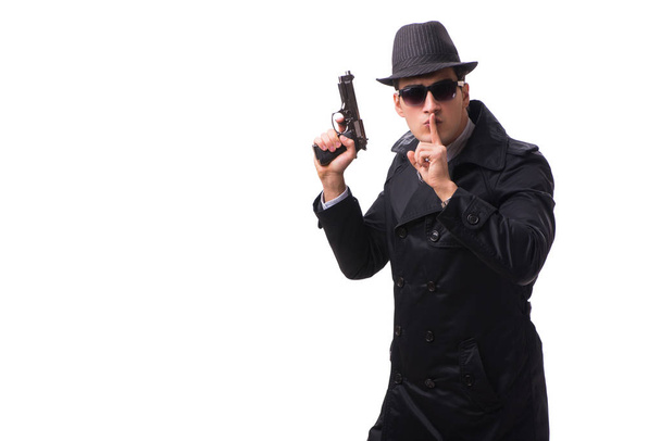 Mann Spion mit Handfeuerwaffe isoliert auf weißem Hintergrund - Foto, Bild