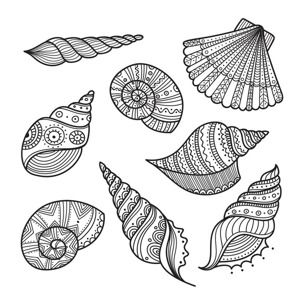 Vector set of shells in ethnic tribal boho style with ornament. Can be printed and used as coloring page, design element, template, etc. - Vector, Image