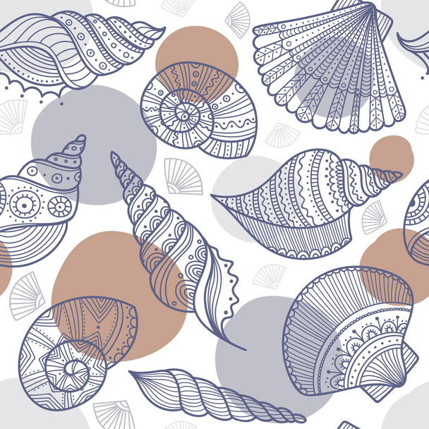 Vector seamless pattern with shells in ethnic boho style with ornaments. Can be printed and used as wrapping paper, wallpaper, textile, fabric, etc. - Vektor, Bild