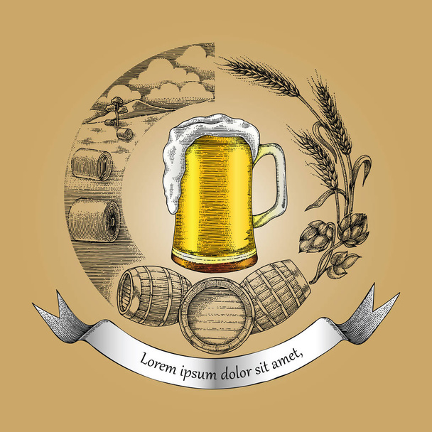 ビール クラフト概念ロゴ手描きのビンテージ スタイル、クラフト ビールのプロセス - 写真・画像