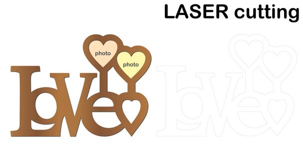 Rám na fotografie s nápisem "Love" pro laserové řezání. Koláž z fotorámečků. Šablony laserové řezací zařízení pro dřevo a kov - Vektor, obrázek