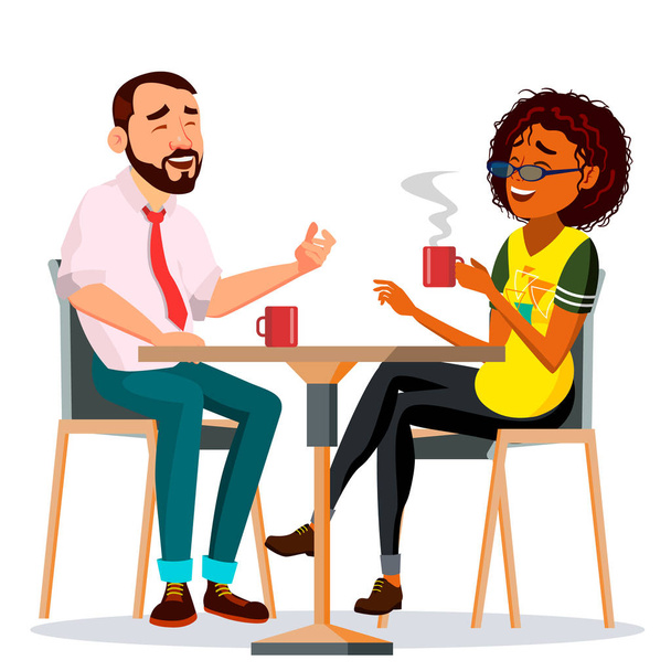 Paar In Restaurant Vector. Man en vrouw. Elkaar zitten en koffie drinken. Levensstijl. Geïsoleerde Cartoon afbeelding - Vector, afbeelding