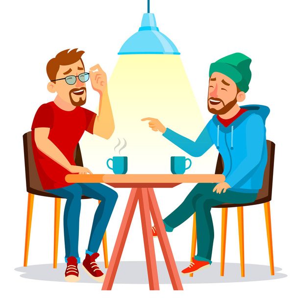 Δύο φίλοι άνθρωπος πίνει καφέ διάνυσμα. Οι καλύτεροι φίλοι στο Cafe. Κάθονται μαζί στο εστιατόριο. Να περάσεις καλά. Επικοινωνιακού Concept του πρωινού. Απομονωθεί καρτούν επίπεδη απεικόνιση - Διάνυσμα, εικόνα