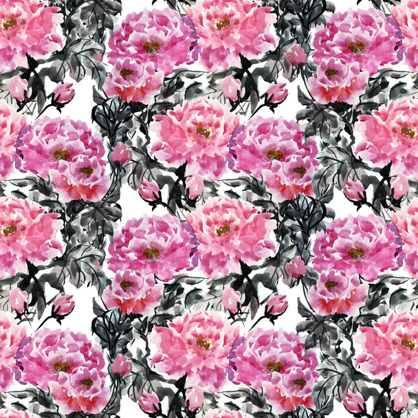 Elegant seamless pattern with  watercolor peony flowers, design elements. Floral pattern for invitations, greeting cards, scrapbooking, print, gift wrap, manufacturing, textile.  - Foto, afbeelding