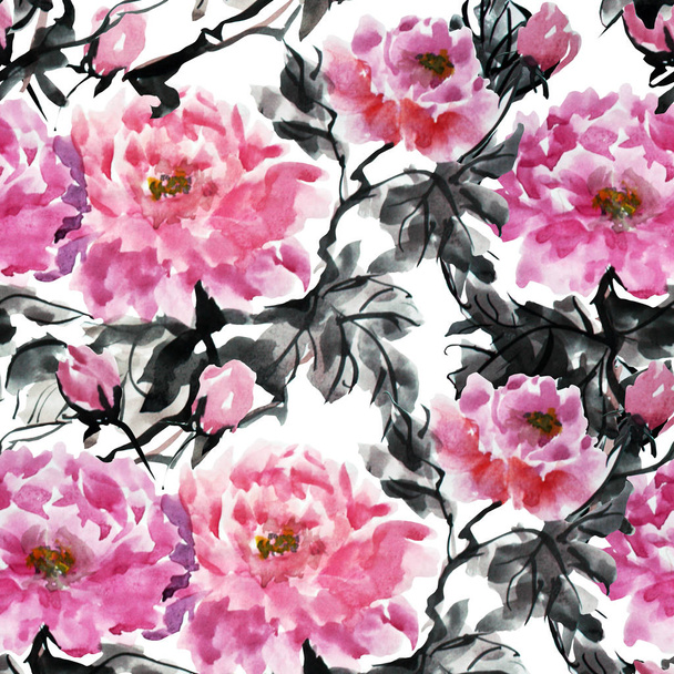 Elegant seamless pattern with  watercolor peony flowers, design elements. Floral pattern for invitations, greeting cards, scrapbooking, print, gift wrap, manufacturing, textile.  - 写真・画像