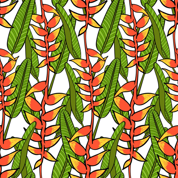 Summer tropical flower pattern vector seamless. Red heliconia floral texture on white background. Design for fashion wallpaper, swimwear fabric, beach party card, wedding invitation, spa beauty flyer. - Vecteur, image