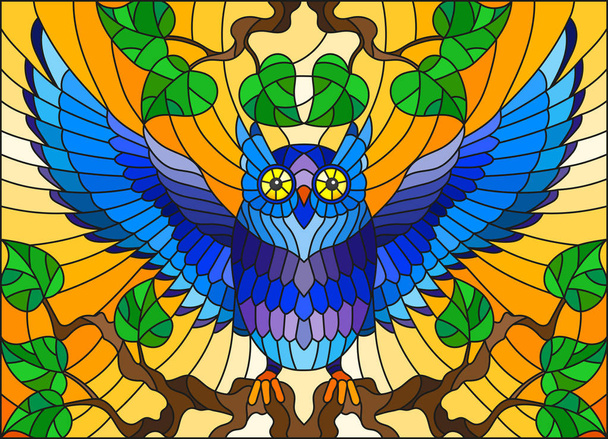 Εικονογράφηση στο λεκιασμένο γυαλί στυλ με θαυμάσιο γαλάζια κουκουβάγια που κάθεται σε ένα κλαδί δέντρου ενάντια σε τον ουρανό πορτοκαλί - Διάνυσμα, εικόνα