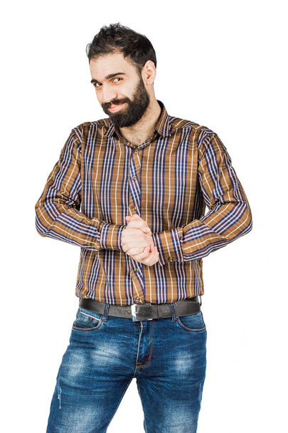 man smiling with glee, he rubs his hands isolated on white background - Foto, afbeelding
