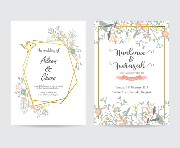 Geometry gold wedding invitation card with flower,leaf and frame - Vector, Image