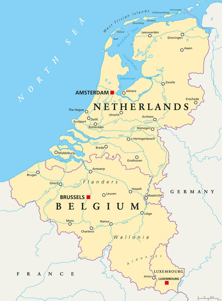Benelux. Belgium, Netherlands and Luxembourg. Political map with capitals, borders and important cities. Benelux Union, a geographic, economic, cultural group. English labeling. Illustration. Vector. - Vector, Image