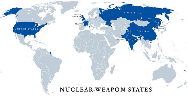 États dotés d'armes nucléaires, carte politique. Huit États souverains qui ont réussi à faire exploser des armes nucléaires, en bleu. Étiquetage anglais. Illustration sur fond blanc. Vecteur
. - Vecteur, image