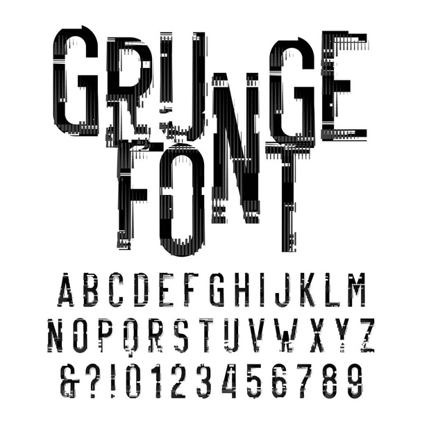 Grunge alphabet font. Distressed type letters and numbers on white background. Vector typeface for your design. - Vektor, obrázek