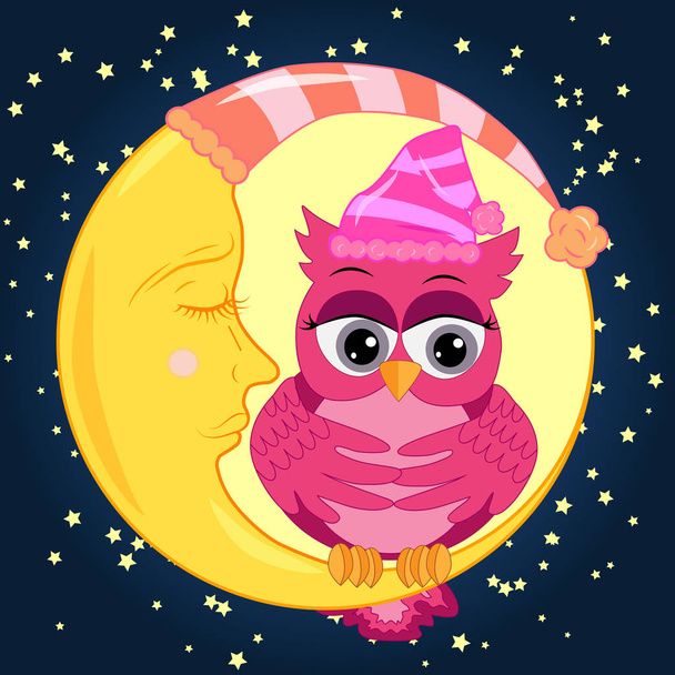 A sweet fairy-tale pink owl in a hat for dream dreams, sings a lullaby, lulls the sky, the moon and stars sitting on a sleeping sickle of the moon among a dark night sky and stars - Vector, Image