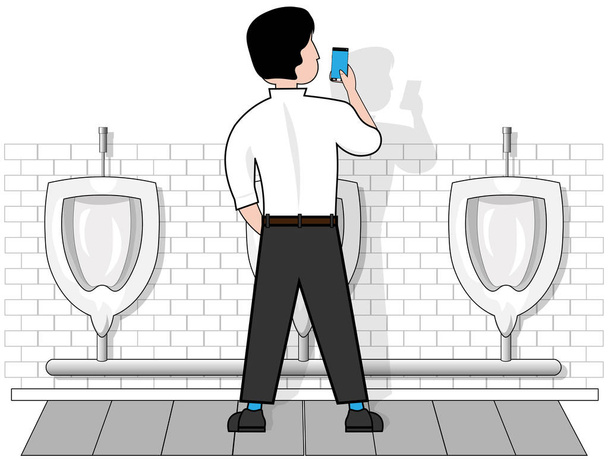 A személy, a WC-ben használja a smartphone. - Vektor, kép
