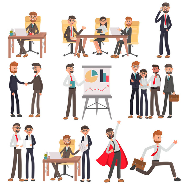 Personas de oficina en diferentes situaciones de negocios ilustraciones planas a color conjunto
 - Vector, imagen
