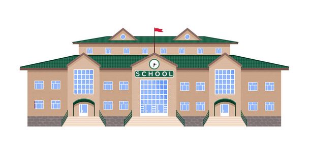 Schule isoliertes Bild, klassisches, streng symmetrisches Gebäude aus hellem Backstein mit grünem Dach, Uhr über den zentralen Türen, Fahne, mit drei Eingängen - Vektor, Bild