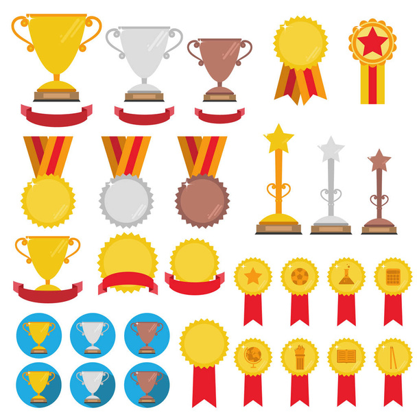 Zestaw tropheys, medali, ikony i wstążki dla zwycięzców konkursów - Wektor, obraz