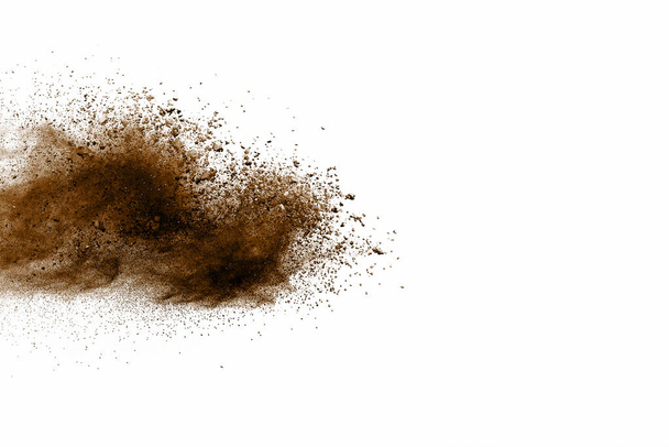 Polvo explosivo marrón sobre fondo blanco. Explosión de suelo seco sobre fondo blanco
 - Foto, Imagen