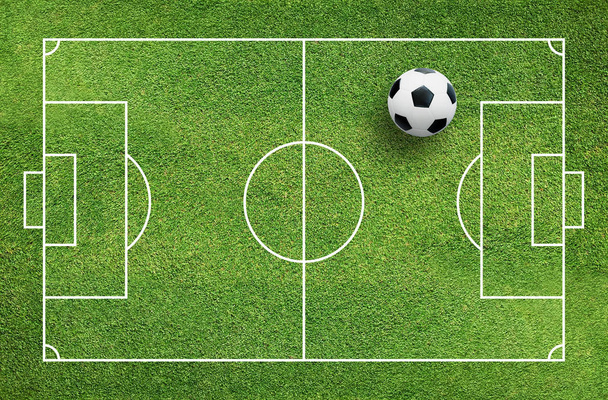 Μπάλα ποδοσφαίρου ποδοσφαίρου στο καταπράσινο γρασίδι του ποδοσφαίρου πεδίο φόντο με μοτίβο και υφή. - Φωτογραφία, εικόνα