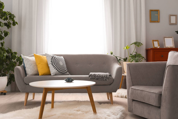 Elegant living room interior with comfortable sofa and armchair - Fotoğraf, Görsel