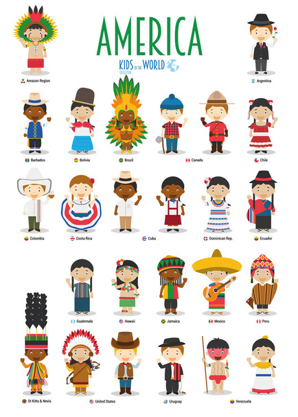 子供と世界のベクトルの国籍: アメリカ。別の民族衣装に身を包んだ 25 文字のセット. - ベクター画像