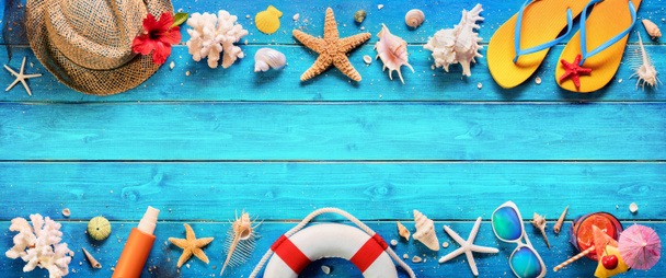 Beach Accessories On Blue Plank - Summer Holiday Banner - Photo, Image