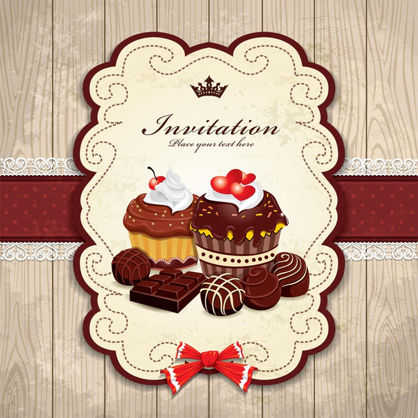 チョコレートのカップケーキ テンプレートとビンテージ フレーム - ベクター画像