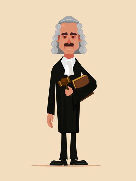 Judge man court worker character standing and holding book and hammer. Low justice people protection concept flat cartoon design graphic isolated illustration - Вектор, зображення