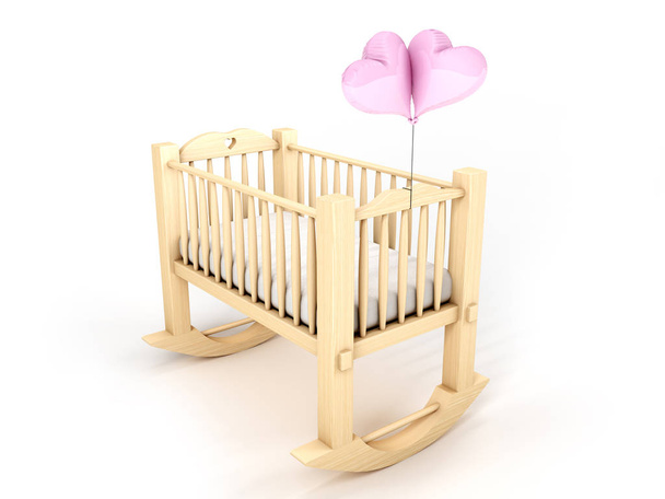 Wooden cradle with pink heart-shaped balloons - Photo, Image