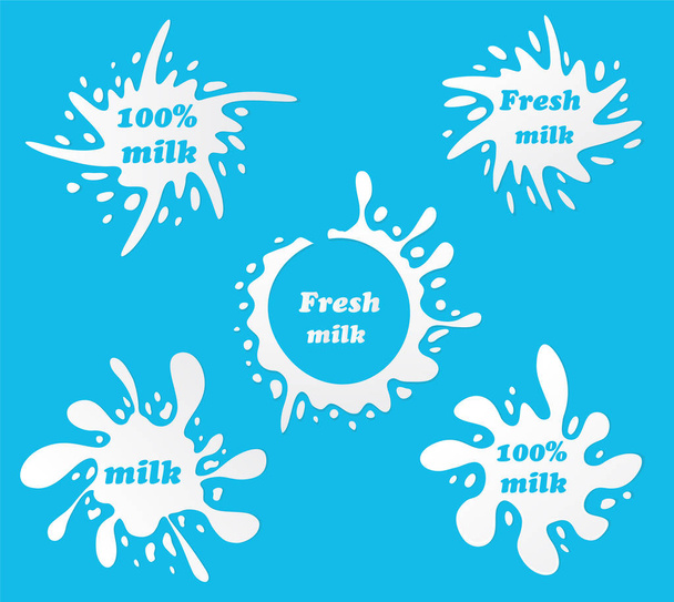 Emblemas de leche y etiquetas de productos lácteos con salpicaduras y manchas. Vector de manchas de leche y gotas de crema - vector de stock
 - Vector, imagen