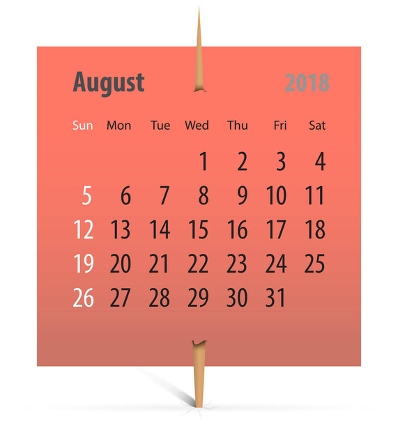 Calendar for August 2018 on a sticker attached with toothpick. Vector illustration - Vector, Image