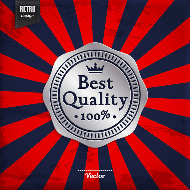 Best quality silver badge on sun rays background. Product promotion. Vector. - Vektör, Görsel