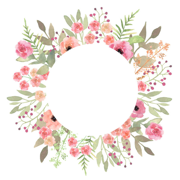 Flowers frame circle roses. Card on white backdrop. Hand drawn f - Вектор,изображение