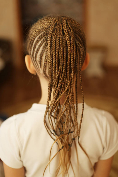 kleines Mädchen mit einem Haarschnitt aus afrikanischen Zöpfen, amerikanischen Zöpfen, dünn, die Arbeit eines Zauberers, eine Frisur im Prozess der Socken, Hintergrund für Text - Foto, Bild